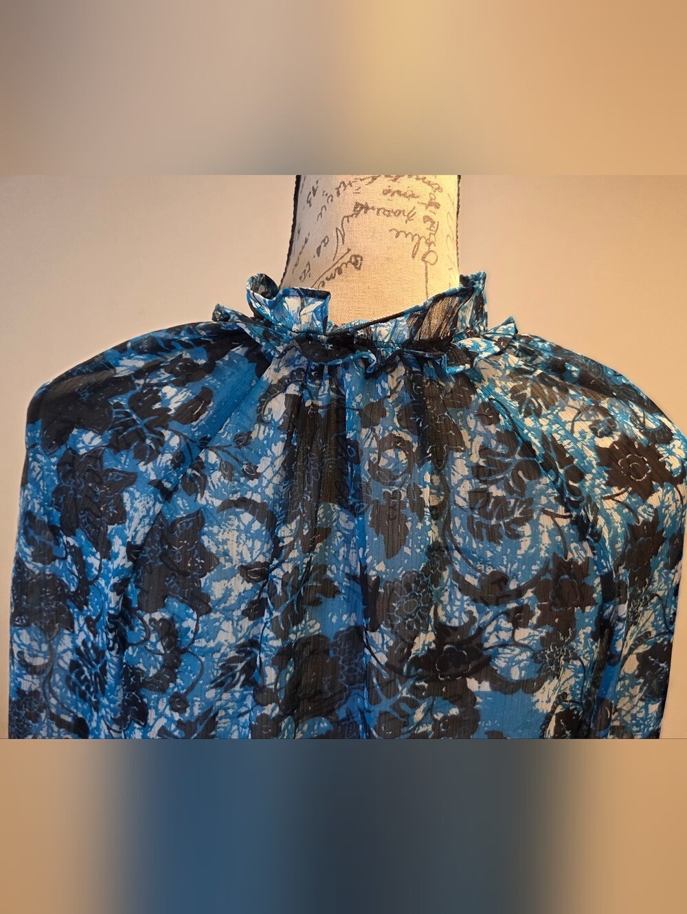 Anthropologie Blue Floral Tie-Neck Sheer Blouse, Size S. - Picture 11 of 15